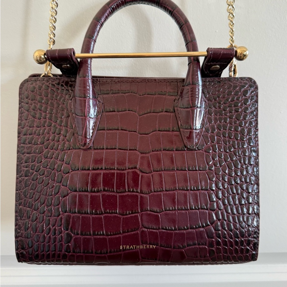 NWOT Strathberry Mini Tote in Burgandy Croc Embossed Leather with Gold Chain